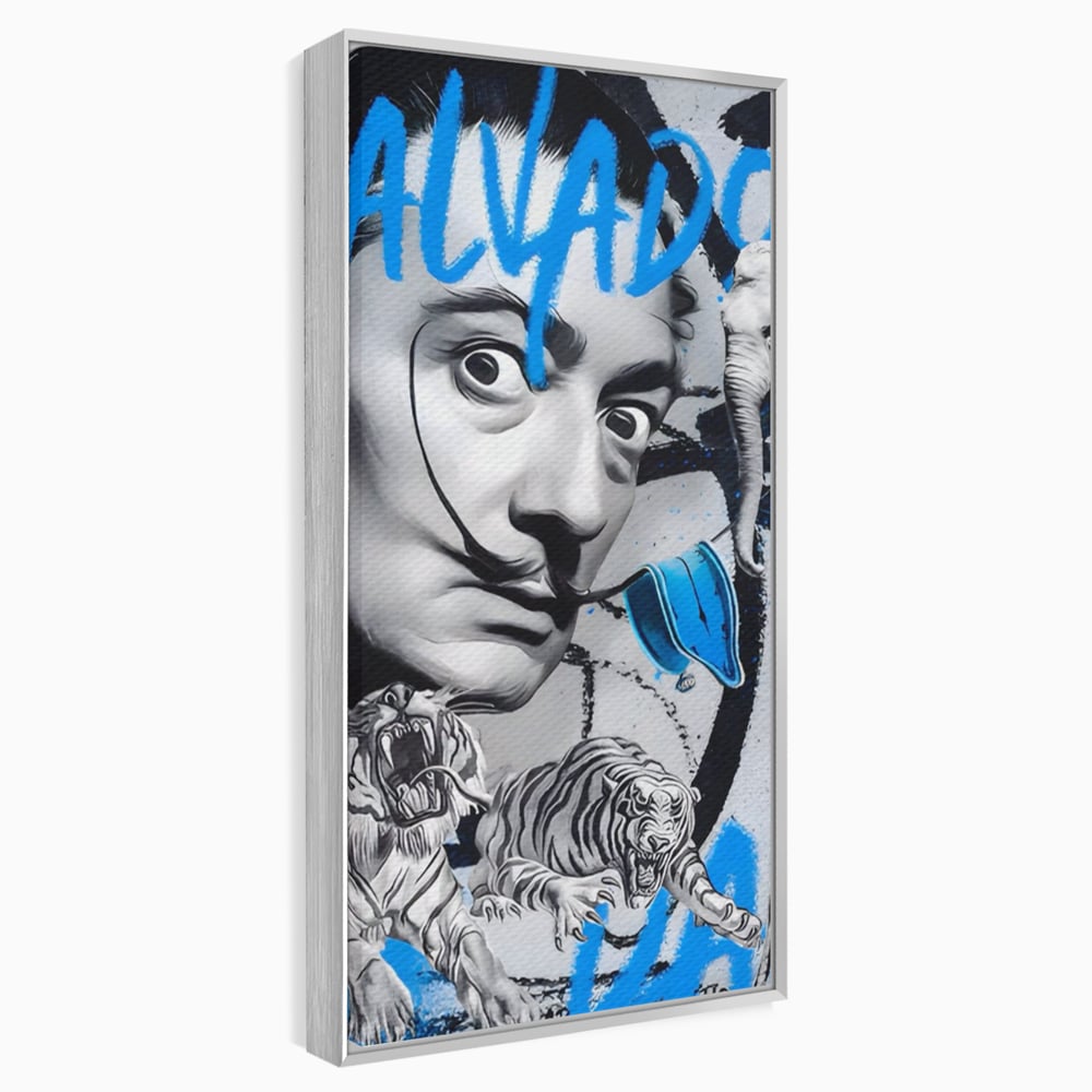 Tablou canvas cu tablou canvas cu salvador dali si tigri, in rama de aluminiu argintiu